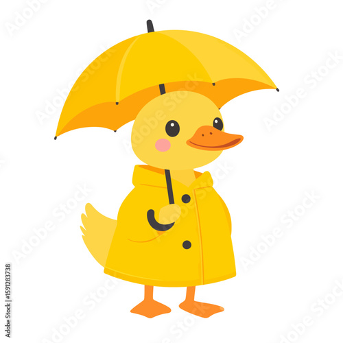 Adorable cartoon duckling in a yellow raincoat holding a matching umbrella.