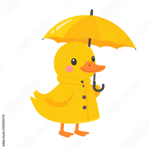 Adorable cartoon duckling in a yellow raincoat holding a matching umbrella.
