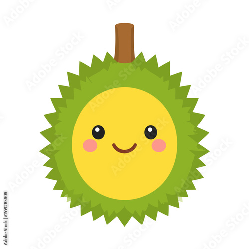 Adorable smiling durian fruit cartoon with a spiky green husk and a cute kawaii face.