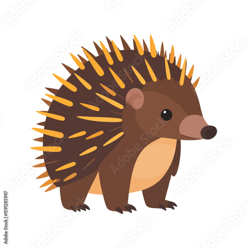 Adorable brown cartoon echidna with prominent yellow-tipped spines. A stylized illustration of a spiny anteater standing in profile.