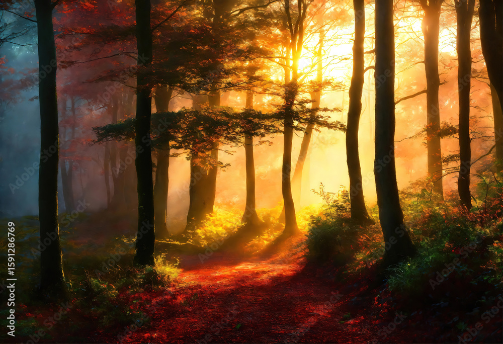 Fototapeta premium Excellent Sunrise in misty woods near Wareham, Dorset, England, UK