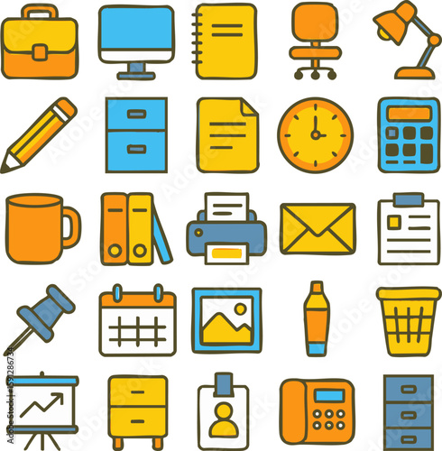 Colorful handdrawn office and business icons set Doodle style collection of workplace equipment and supplies with thick outlines.