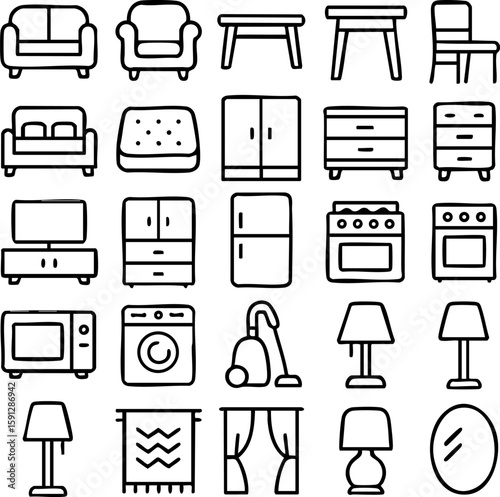 Doodlestyle icon set of home furniture appliances and decor items with simple black outlines and rounded corners.