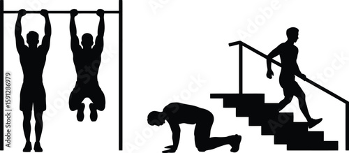 Silhouettes of people exercising on a pull up bar and stairs