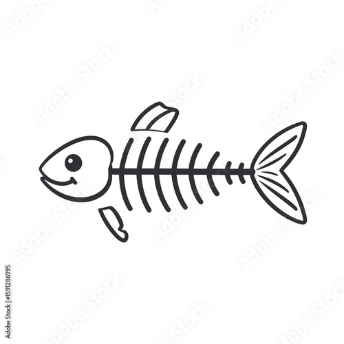 Cute cartoon fish skeleton doodle with a smiling face. Black line art illustration of a happy fishbone character with fins.