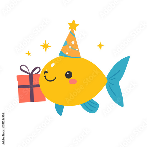 Cute yellow cartoon fish with a blue party hat and red gift box, smiling happily for a birthday celebration.