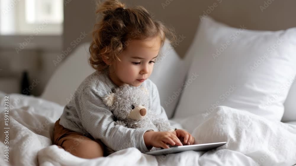 A young child engrossed in playing with a digital tablet on the bed, clutching a teddy bear for comfort A young child engrossed in playing with a digital tablet on the bed, clutching a teddy bear for comfort