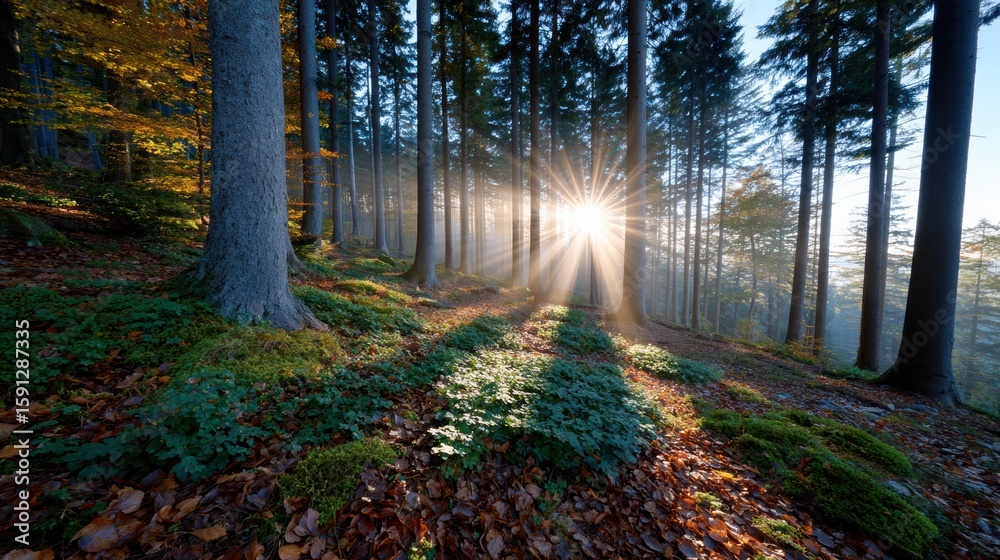 Obraz premium autumn forest photography, nature editorial captures misty dawn in the autumn forest, with towering trees, vibrant fall foliage, and golden sunbeams through fog shot with a wide-angle lens