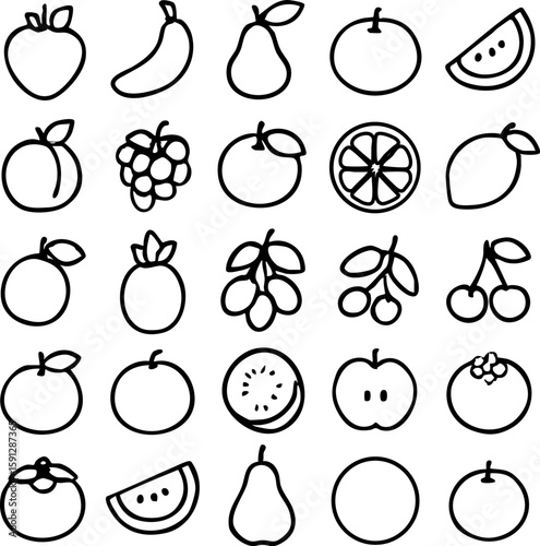 Handdrawn fruit icon collection in a simple black outline style Set includes apple banana pear orange and grapes.