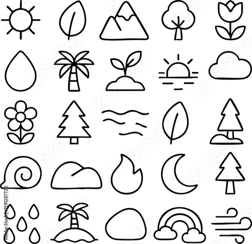 Handdrawn nature elements icon pack Minimalist black outline symbols for weather plants and landscape.