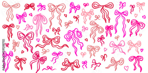 Red and pink marker-style ribbon bows for New Year’s gift decoration and festive print design elements
