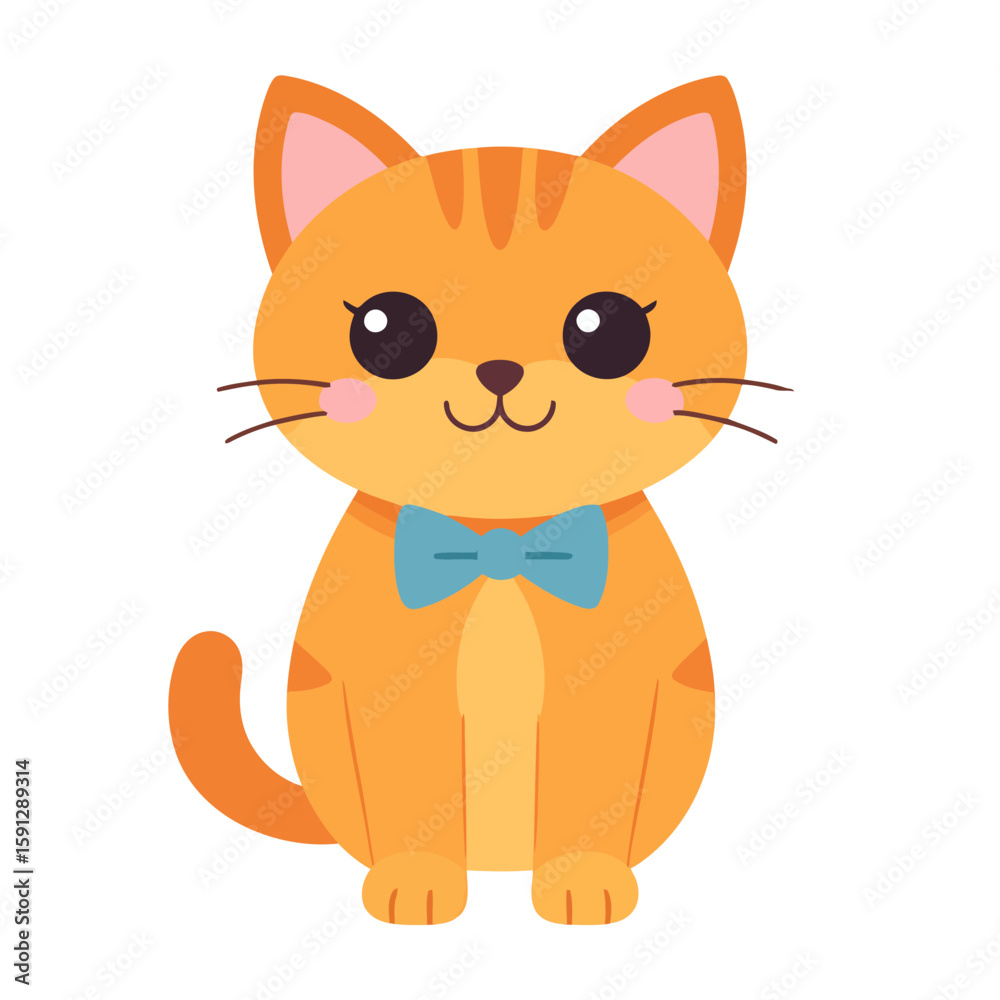 Fototapeta premium Adorable ginger tabby cat character in a cute cartoon style, sitting with a blue bow tie and big, expressive eyes.