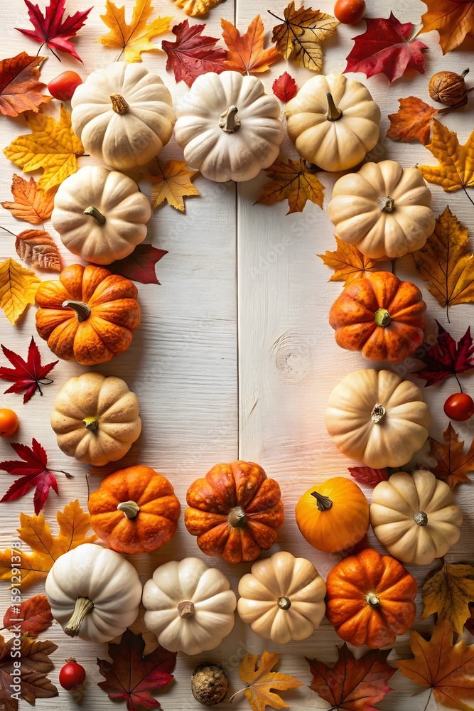 Fototapeta premium Autumn Harvest Pumpkins and Fall Leaves on White Wood Background