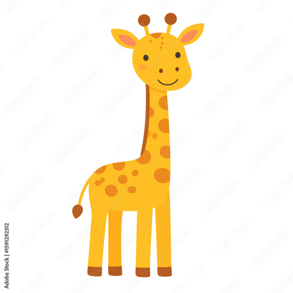 Fototapeta premium Cute cartoon giraffe with orange spots and a friendly smile. Adorable yellow safari animal character standing in a flat vector style.