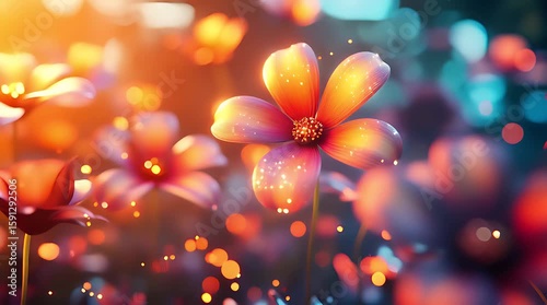 Vibrant flowers bloom in a colorful garden at sunset, creating a magical and enchanting atmosphere