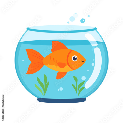 Adorable orange goldfish character swimming in a round glass fishbowl with blue water.