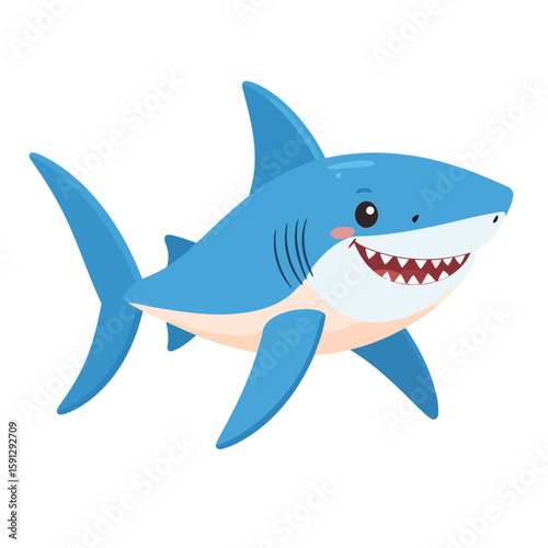 Friendly blue cartoon shark character smiling happily. Adorable sea animal with a big toothy grin.