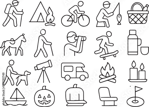 Black and white line art icons for outdoor activities and leisure