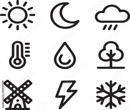"Weather and Nature Icons - Sun, Moon, Cloud, Thermometer, Rain, Tree, Windmill, Lightning, Snowflake"