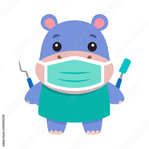 Cute blue hippopotamus character dressed as a dentist, wearing a green mask and holding dental tools.