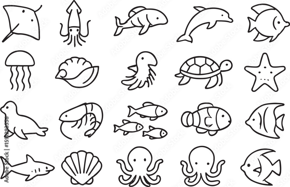 Obraz premium Collection of simple line art ocean animals and shells