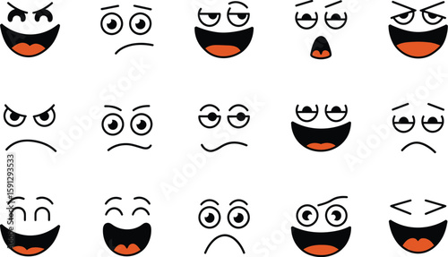 Funny Emoji Faces Vector Set – Hand Drawn Cartoon Expressions in Black and Orange.