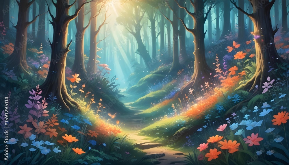Fototapeta premium Enchanting forest scene with a path, bathed in sunlight and vibrant colors.