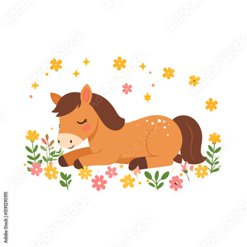 Adorable brown cartoon horse with a gentle smile, sleeping peacefully in a colorful floral meadow.