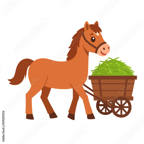 Smiling brown cartoon horse pulling a wooden cart full of fresh green hay.
