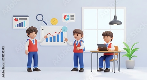 Animated students analyzing data graphs in a bright classroom, learning and collaborating for a successful future.