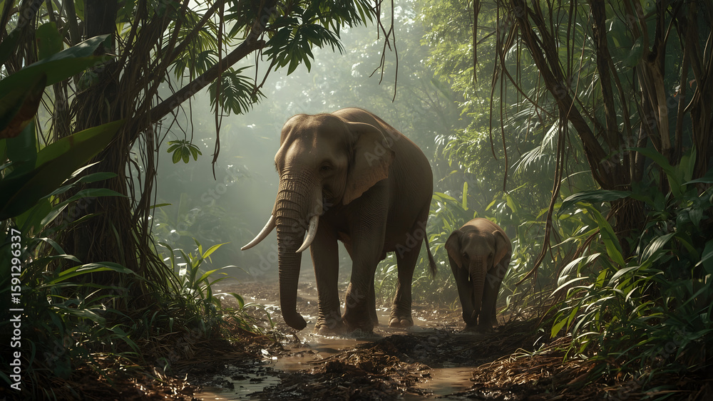 Fototapeta premium A mother elephant and her calf walk through a lush, misty rainforest.