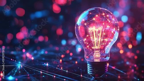 Vibrant light bulb glowing amidst a colorful digital background with abstract patterns and lights