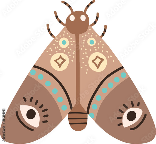 Cute brown moth with eye-like wing markings and teal details