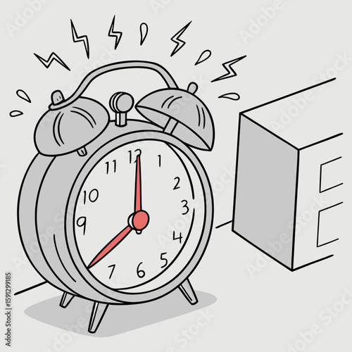 Illustration of a ringing alarm clock next to a window with curtains in a room with gray walls