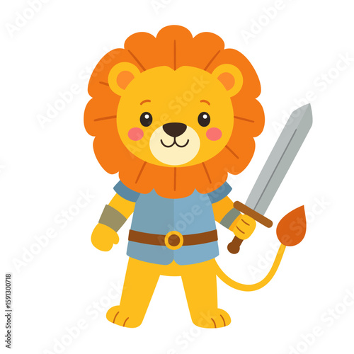 Cute cartoon lion warrior with a fluffy orange mane, wearing a blue tunic and holding a silver sword.
