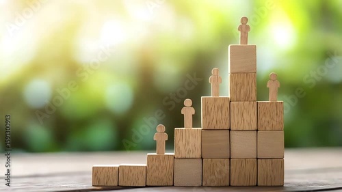 Wooden blocks arranged in a staircase formation with human figures, symbolizing growth and success in a natural setting