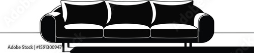 A black and white illustration of a three seat sofa with cushions in a minimalist setting style