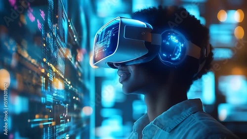 Young person experiencing virtual reality with digital data visuals in a futuristic tech environment