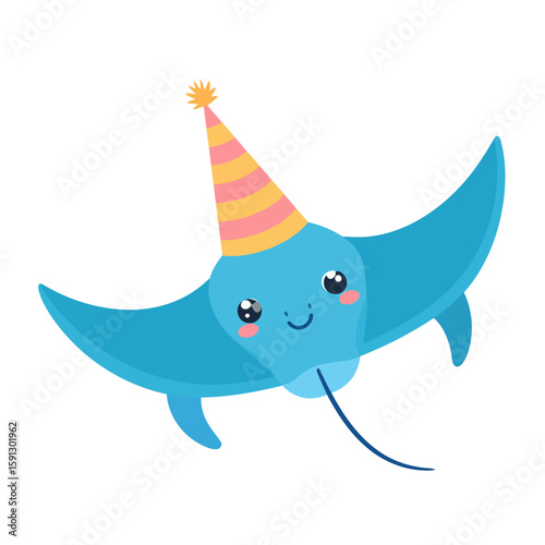 Adorable Cartoon Blue Stingray Wearing Party Hat with Smiling Face