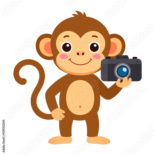 Friendly cartoon monkey photographer standing with a black camera. A cute, smiling brown primate character with a curly tail.