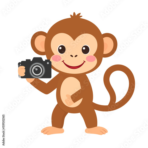 Smiling brown cartoon monkey character holding a black camera. Cute animal photographer with a curly tail and rosy cheeks.