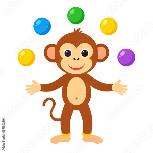 Smiling brown cartoon monkey juggling five colorful balls. A cheerful primate character performing a circus trick.