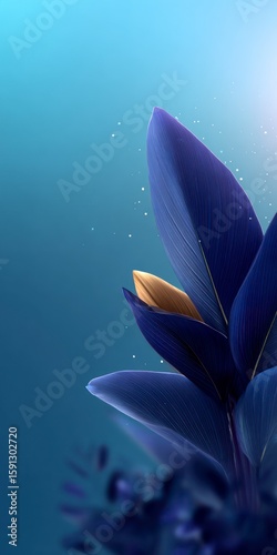 Dark blue and gold tropical leaves with subtle sparkling light particles