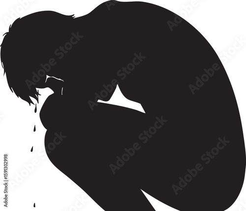 Vector art of silhouette of a man crying, curled up in despair, isolated isolated on transparent background