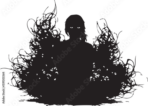 Vector art of eerie silhouette with glowing eyes emerging from dark tangles isolated on transparent background