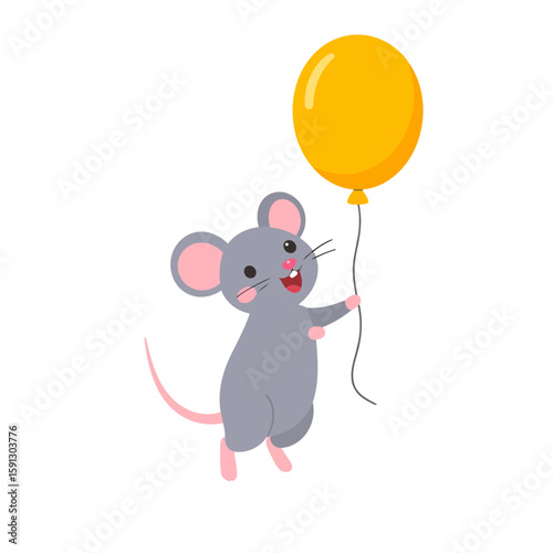 Adorable grey cartoon mouse with a cheerful smile, holding a bright yellow balloon.