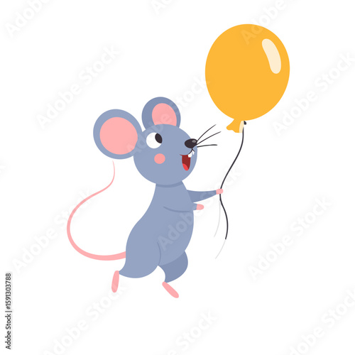 Adorable blue mouse character with large pink ears, happily walking while holding a shiny yellow balloon.