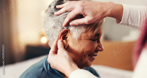 Fotografía Hands, elderly woman and hearing aid with nurse, smile or help with fitting in retirement home