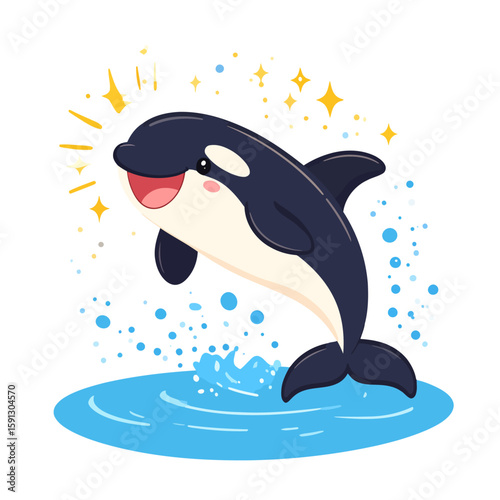 Adorable kawaii orca whale character jumping happily from a splash of water, with a big smile and sparkling eyes.
