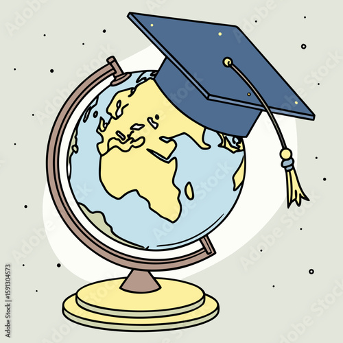 Illustration showing a graduation cap placed on top of a world globe with continents and meridian lines